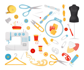 Needlework and embroidery tools set. Craft hobby supplies. Sewing machine, needle, thread bobbin, mannequin, scissors, buttons cartoon vector illustration