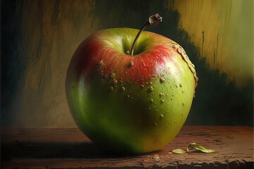  a green apple sitting on top of a wooden table next to a green apple with a leaf sticking out of the top of it's stem.  generative ai - obrazy, fototapety, plakaty