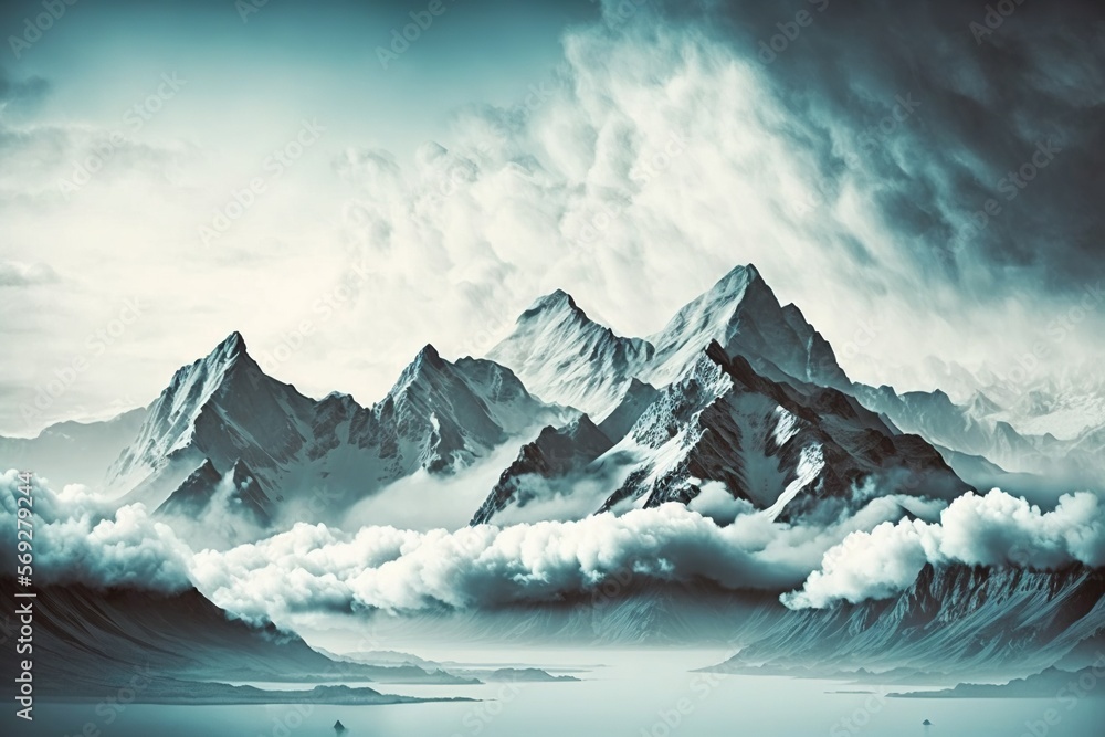 Poster a painting of a mountain range with clouds in the foreground and a boat in the foreground in the for