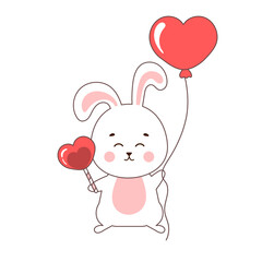 Cute rabbit character holding heart shaped baloon and candy, illustration for Valentines day