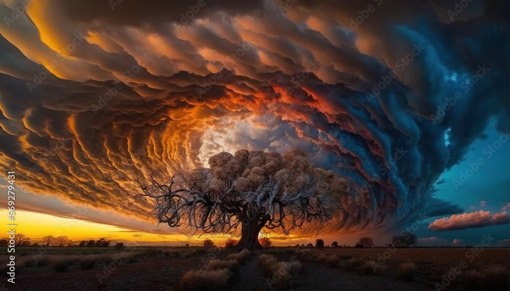 Poster a tree in the middle of a field under a cloudy sky with a colorful cloud formation in the sky above 