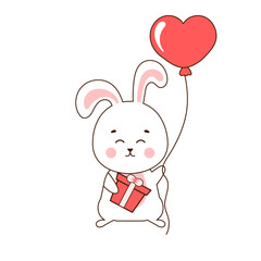 Cute rabbit character holding heart shaped baloon and gift box, illustration for Valentines day