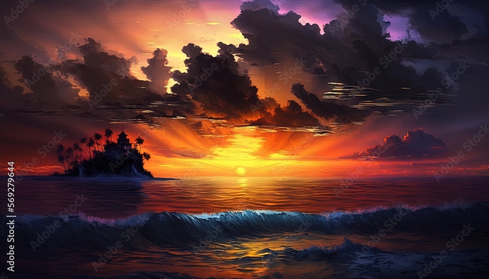 Poster a painting of a sunset over the ocean with a small island in the middle of the ocean with palm trees