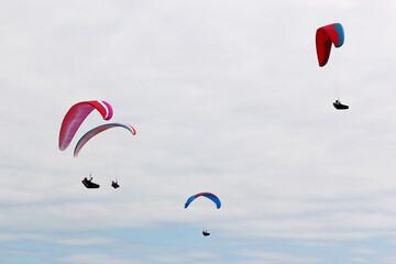 Paragliders flying in a cloudy sky	