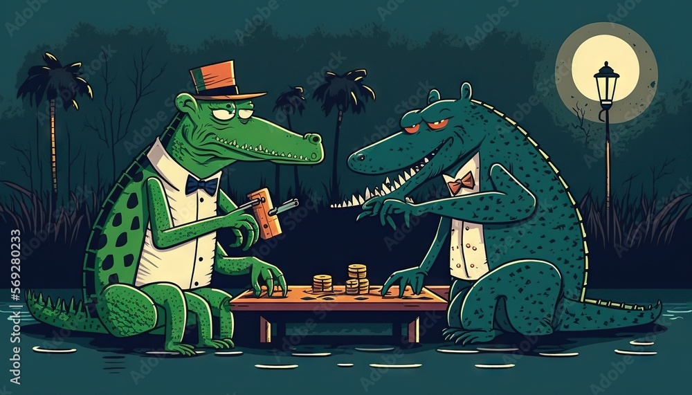Poster two alligators playing a game of chess in front of a full moon and palm trees, one of them is wearin