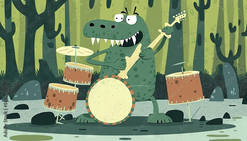 Poster a cartoon dinosaur playing drums in a forest with cactus trees in the backgrouds and a large mouthy 