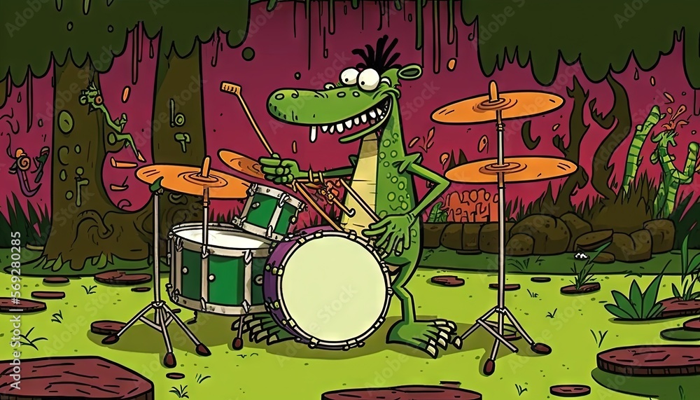 Poster a cartoon alligator playing drums in a field of grass and rocks with a purple background and a green