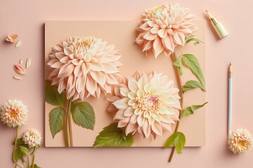 Top view Beautiful of postal dahlia flowers on pink background. Generative AI