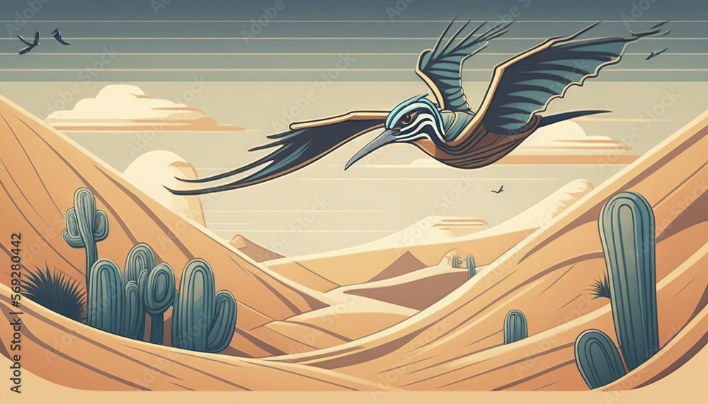 Poster a painting of a bird flying over a desert landscape with cacti and cacti in the distance and a cactu