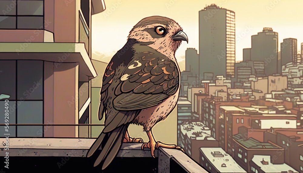 Poster a bird sitting on a ledge in front of a cityscape with buildings in the background and a bird perche