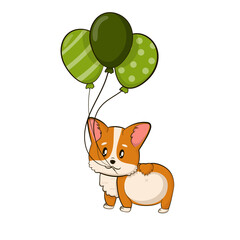 Cute corgi dog holding baloons for St Patricks Day in cartooon style