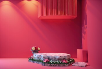 Mockup Empty White Podium With Floral Peonies, Realistic red and white 3D cylinder pedestal podium with red background. Valentine minimal scene for products showcase, Promotion display. generative 