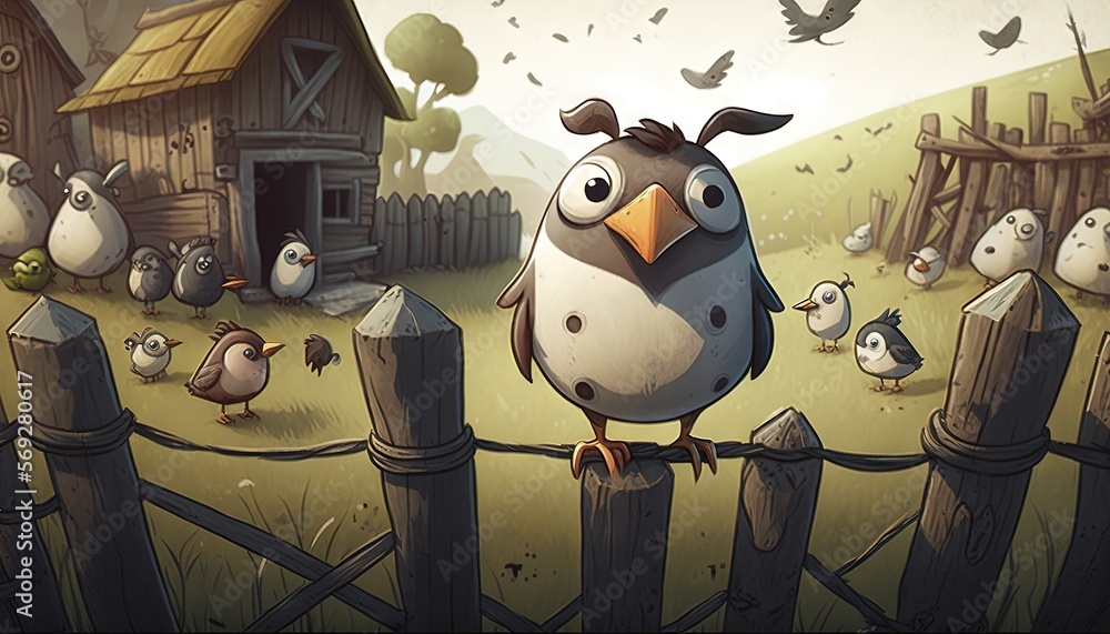 Poster a bird is standing on a fence in front of a farm with many birds around it and a barn in the backgro