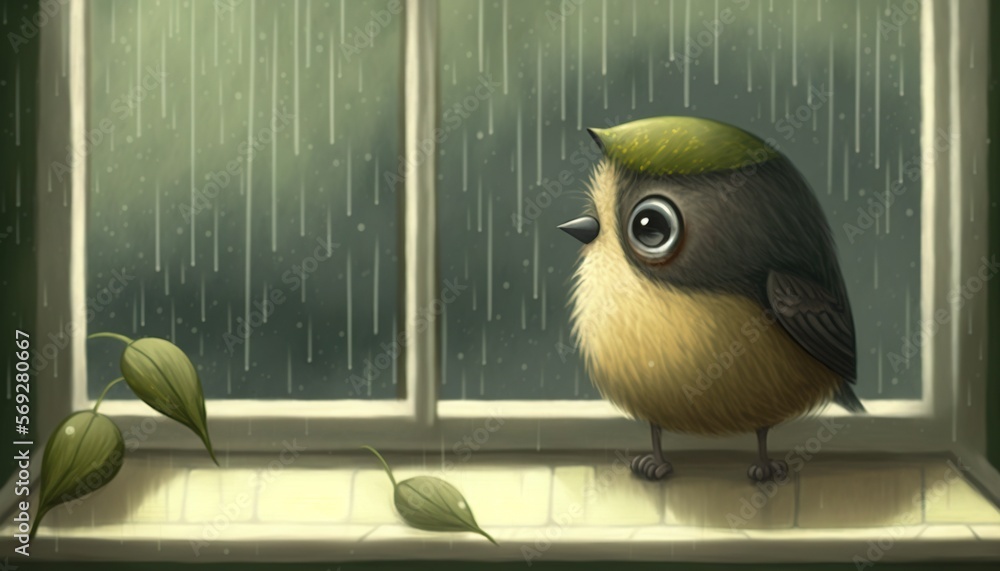 Poster a bird sitting on a window sill in the rain with a green leaf on it's head and a sad expression on i