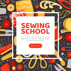 Sewing Banner Design with Tools for Handmade Craft Vector Template