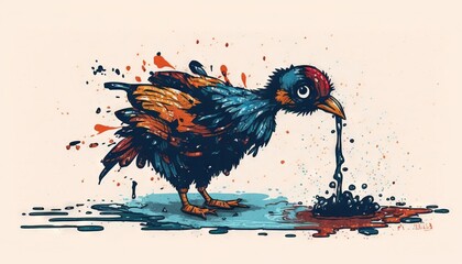  a painting of a chicken standing in a puddle of water with a bloody leg sticking out of it's beak, with a splot of blood on the ground.  generative ai
