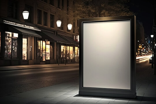 empty poster at the store street showcase window in a city at night. Generative AI