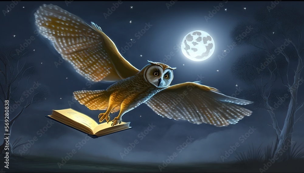 Poster an owl flying in the night with a book in its paws and a full moon in the background with trees and 
