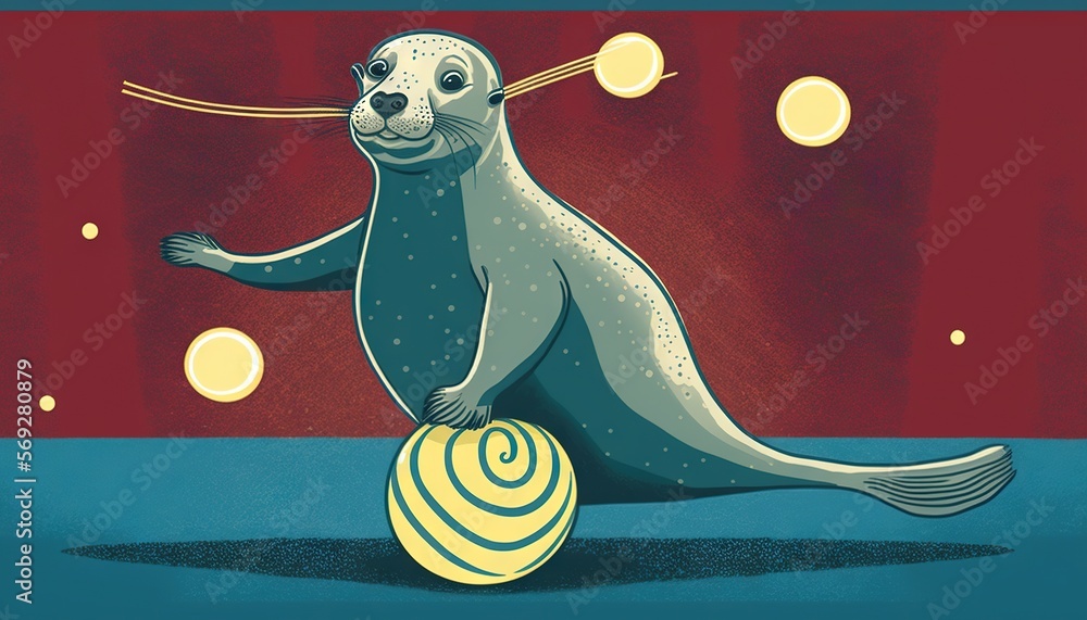 Poster a seal sitting on top of a ball on a blue surface with bubbles around it and a string attached to it