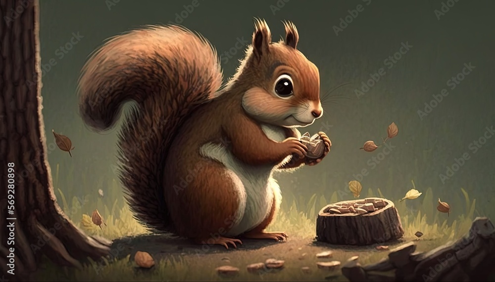Poster a squirrel eating a nut in a forest with leaves on the ground and a tree stump in the foreground wit
