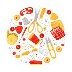 Sewing Round Composition Design with Tools for Handmade Craft Vector Template