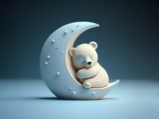 AI generated: white baby bear sleeping on half moon, children's story style