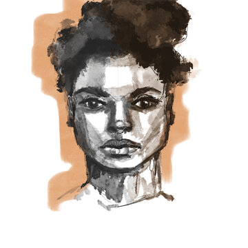 Serious woman sketch black and white drawing with line on eyes. The concept of struggle, strength and courage. A black woman defends her rights.