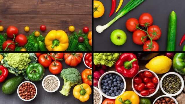Healthy eating ingredients: fresh vegetables, fruits and superfood. The concept of nutrition, diet, vegan food. Concrete background