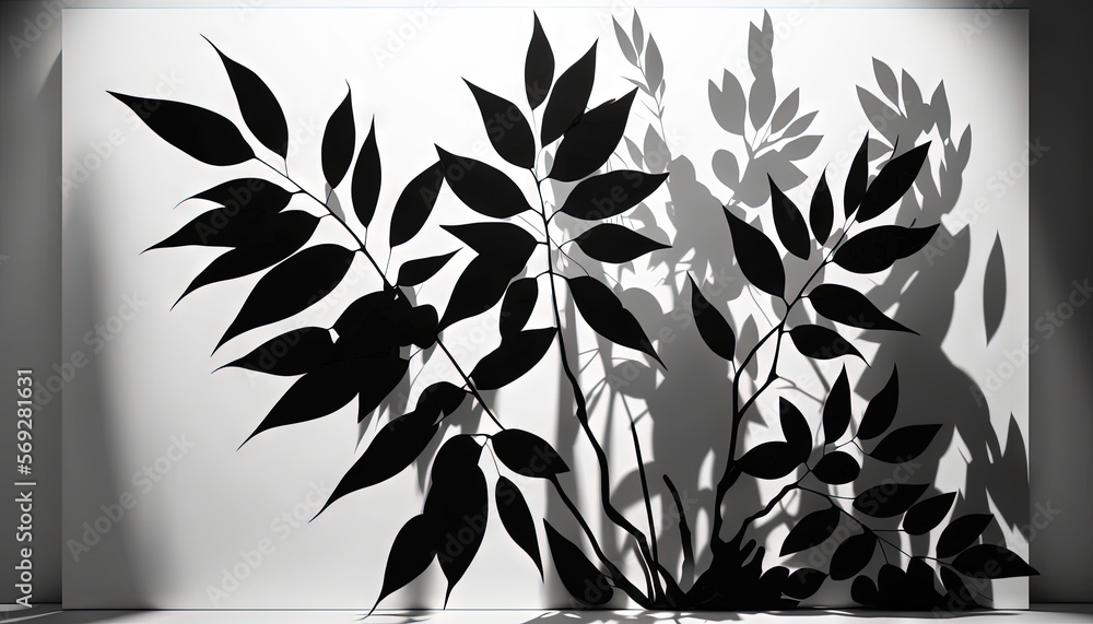 Wall mural a black and white photo of a plant in a room with a shadow of leaves on the wall and a light coming 