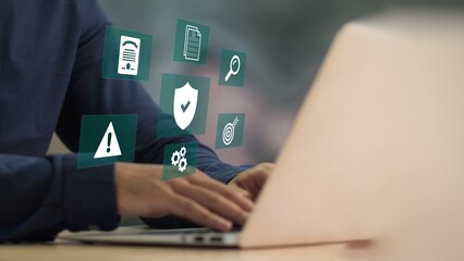 Standard quality control certification assurance concept, businessman working with checkbox icon of...
