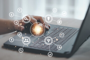 Personal touch finger scan on Laptop connect the online world from all over the world to communications, management systems, and conversations, Online Business processes. Internet of Things.