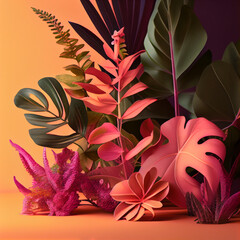 Floral product background, purple pink orange green tone. Generative Ai