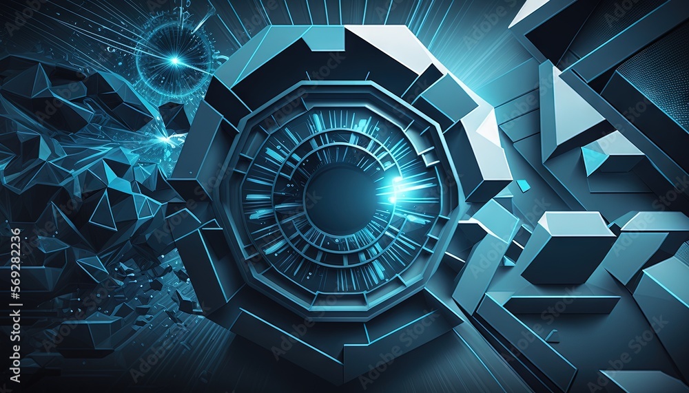 Poster a futuristic abstract background with a circular hole in the center of the image with a blue light c