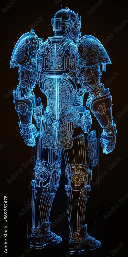 Poster a futuristic robot standing in the dark with a blue light on it's chest and arms, and a black backgr