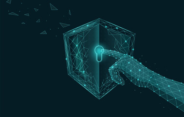 Hand touching the keyhole of the digital shield. Low poly. Concept about cyber security, password, online hacking.