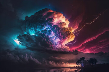 Fototapeta na wymiar Colorful Thunder Storm Coming Out Of Huge Cloud (Generative AI)