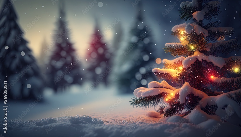Poster a christmas tree is lit up in the snow with lights in the branches and snow falling on the ground an