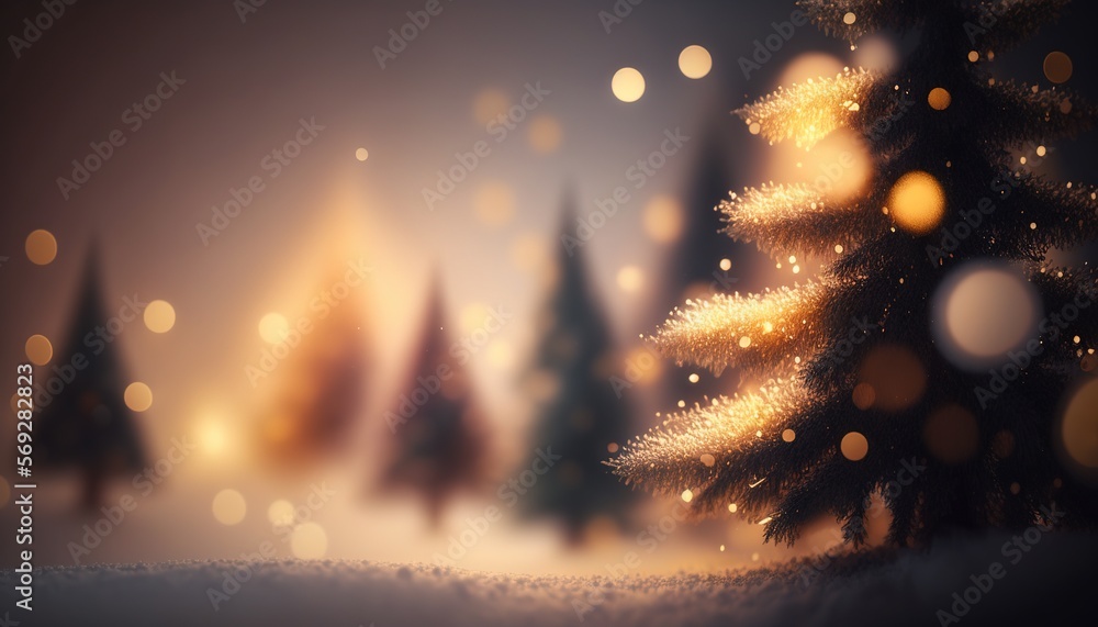 Poster a christmas tree is shown in a snowy landscape with lights on it and snow falling from the trees and