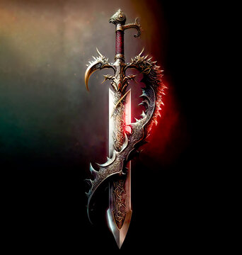  Dragon slayers sword, sword of deadly metal to kill a dragon. Mystical world fantasy art. Image created with genertative ai