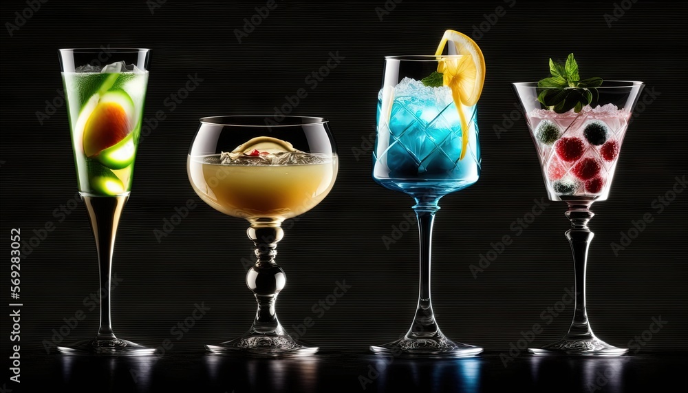 Poster a row of different types of drinks on a black background with a black background and a black backgro