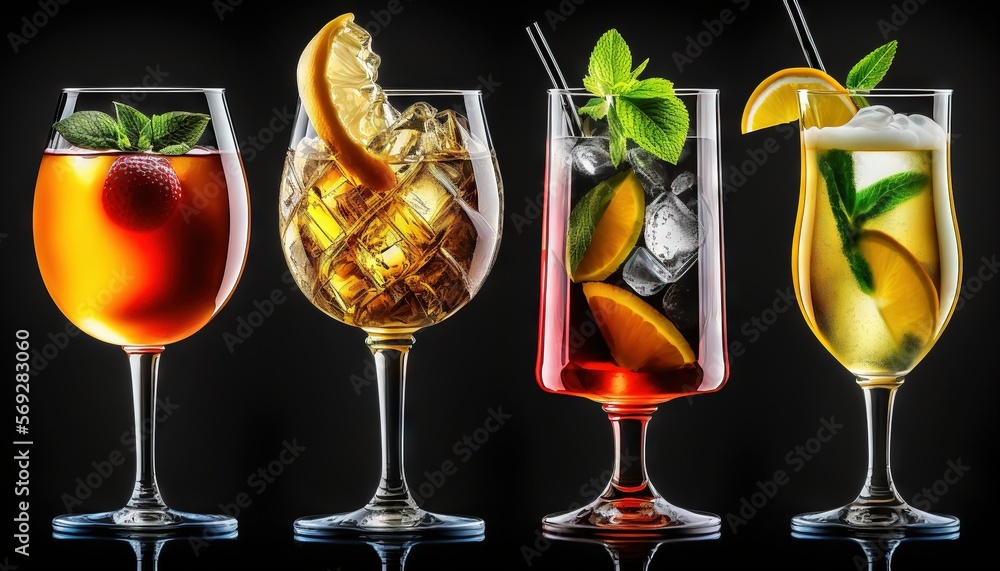 Poster a row of different types of drinks on a black background with a black background and a black backgro