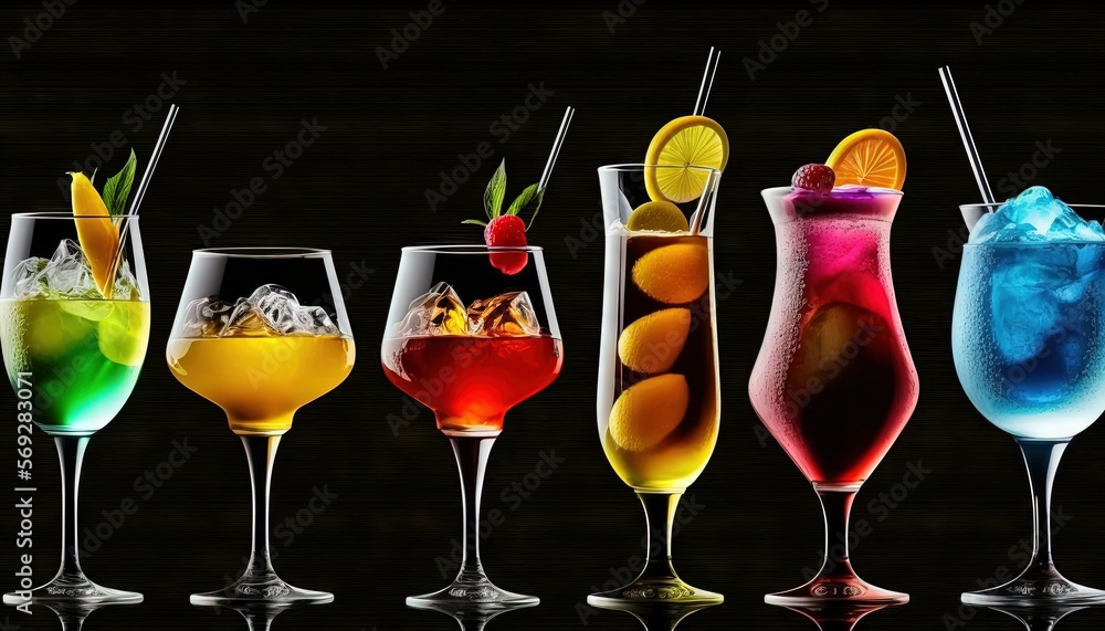 Poster a row of different types of drinks in glasses with ice and fruit on the top of the glasses and on th