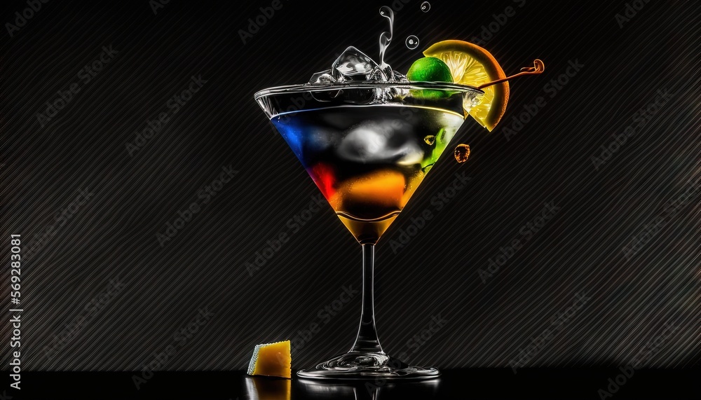Poster a colorful drink with a slice of lemon on the rim and a black background with a diagonal stripe and 