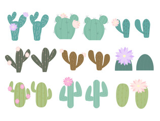 Set of cute stylized cactus with flowers isolated on white background.