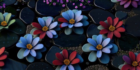 Unusual Floral Blue and pink flowers on a river background. Template for fabrics, textiles, paper, wallpaper, interior decoration. Vintage generative ai