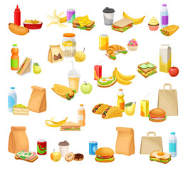 Snacks and Lunch as Kids School Prepacked Meal Big Vector Set