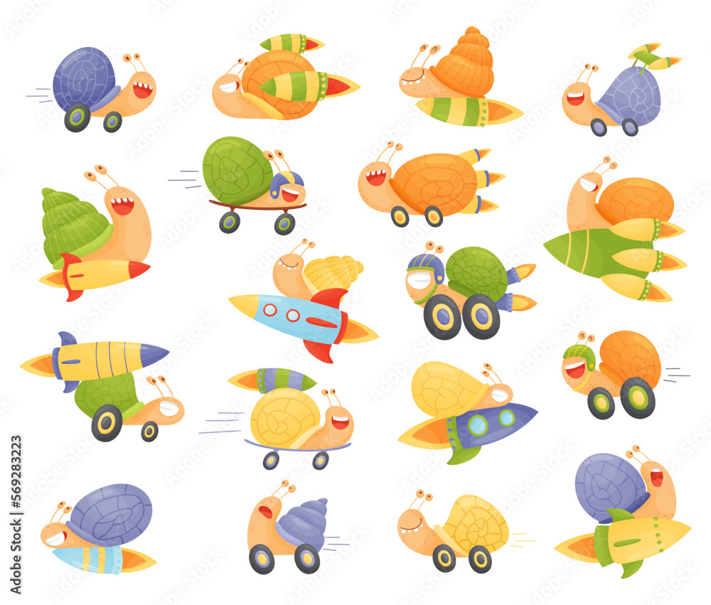 Poster fast snail with rocket booster and turbo speed big vector set