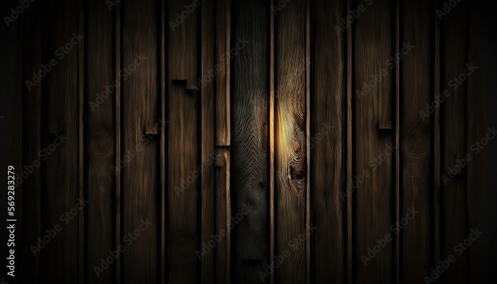 Poster a dark wood background with a light shining in the middle of the image and a wooden door with a ligh