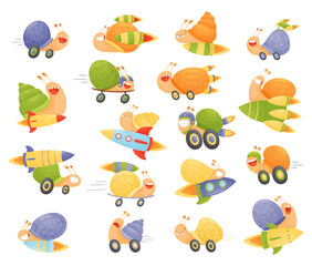 Fast Snail with Rocket Booster and Turbo Speed Big Vector Set