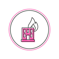 Filled outline Fire in burning building on city street icon isolated on white background. Destroyed city on fire. Vector
